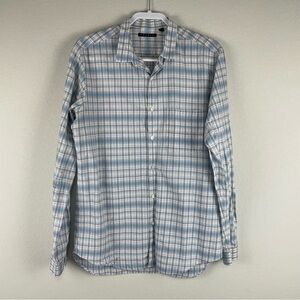 Theory Mens Blue White Malabar Roderyk Long Sleeve Button Up Shirt Size Large